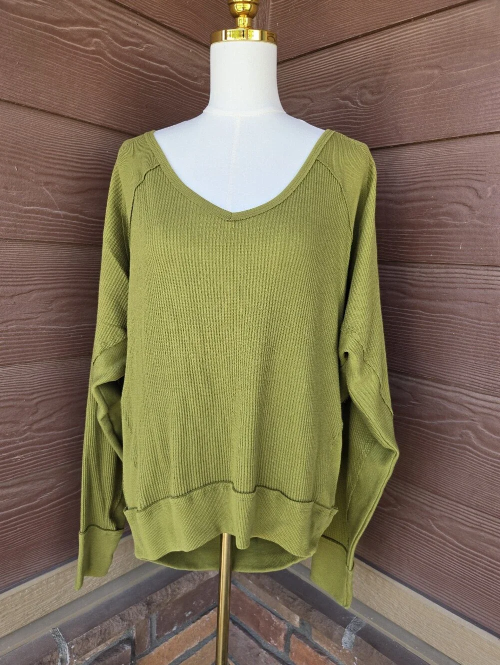 NWT Free People Santa Clara Olive Waffle Oversized Long Sleeve Top – Medium